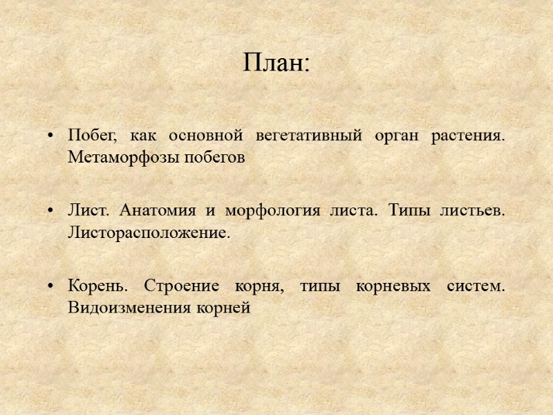 План: Побег, как основной вегетативный орган растения. Метаморфозы побегов  Лист. Анатомия и морфология